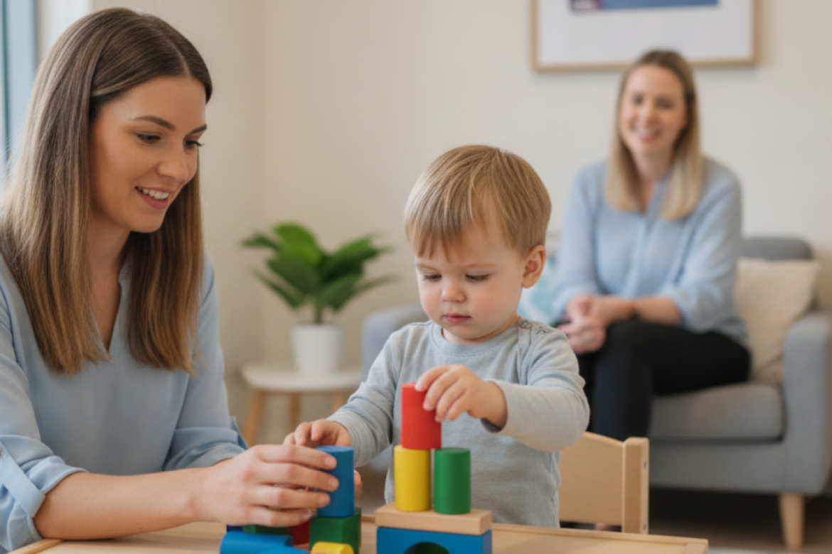 Smiling young woman and toddler building with colourful wooden blocks on a table during a developmental delay support session