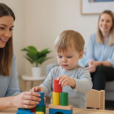 Smiling young woman and toddler building with colourful wooden blocks on a table during a developmental delay support session