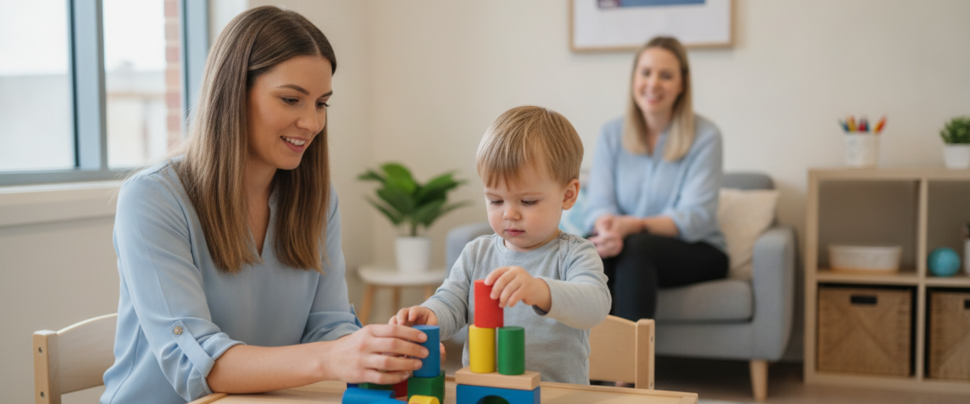 Developmental Delay Support in Campbelltown: Early Intervention and NDIS Pathways for Families Smiling young woman and toddler building with colourful wooden blocks on a table during a developmental delay support session
