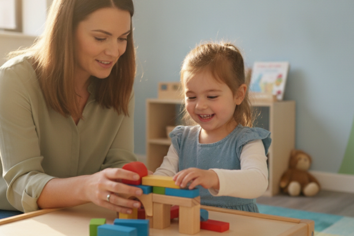 Woman and young girl stacking colourful blocks during an early childhood behaviour support session in a bright playroom