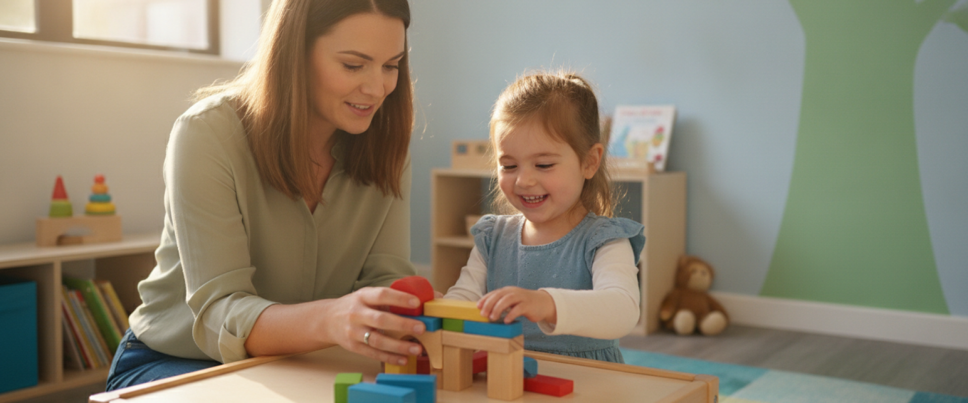 Early Childhood Behaviour Support: A Parent’s Guide to NDIS Services Woman and young girl stacking colourful blocks during an early childhood behaviour support session in a bright playroom