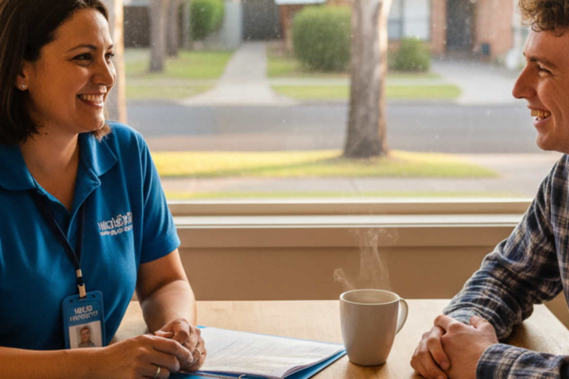 Ndis support workers campbelltown — Friendly NDIS support workers in Campbelltown greeting a new client during their first home visit