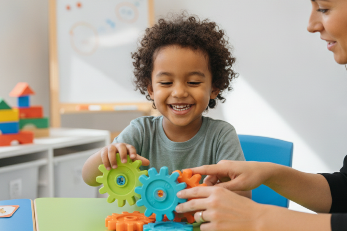 Smiling child and therapist playing with colourful interlocking gears during an ABA therapy session in Campbelltown