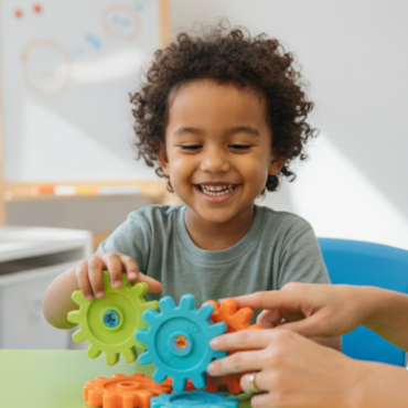 Smiling child and therapist playing with colourful interlocking gears during an ABA therapy session in Campbelltown