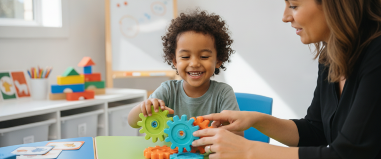 Smiling child and therapist playing with colourful interlocking gears during an ABA therapy session in Campbelltown