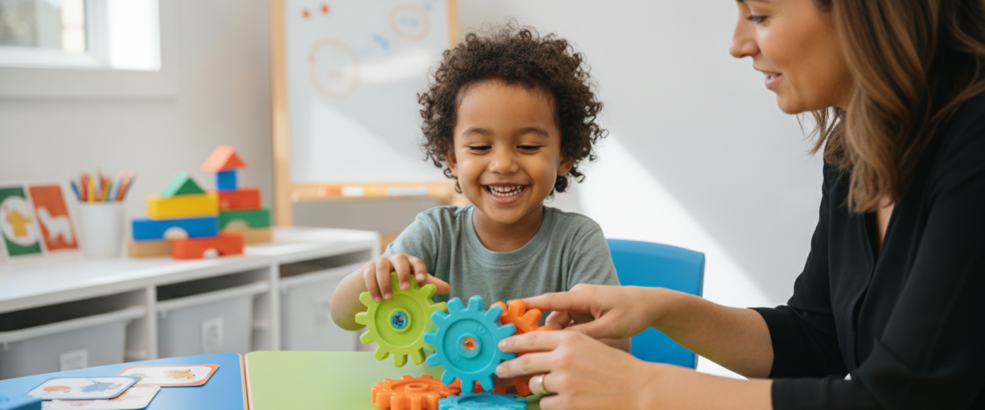 Smiling child and therapist playing with colourful interlocking gears during an ABA therapy session in Campbelltown