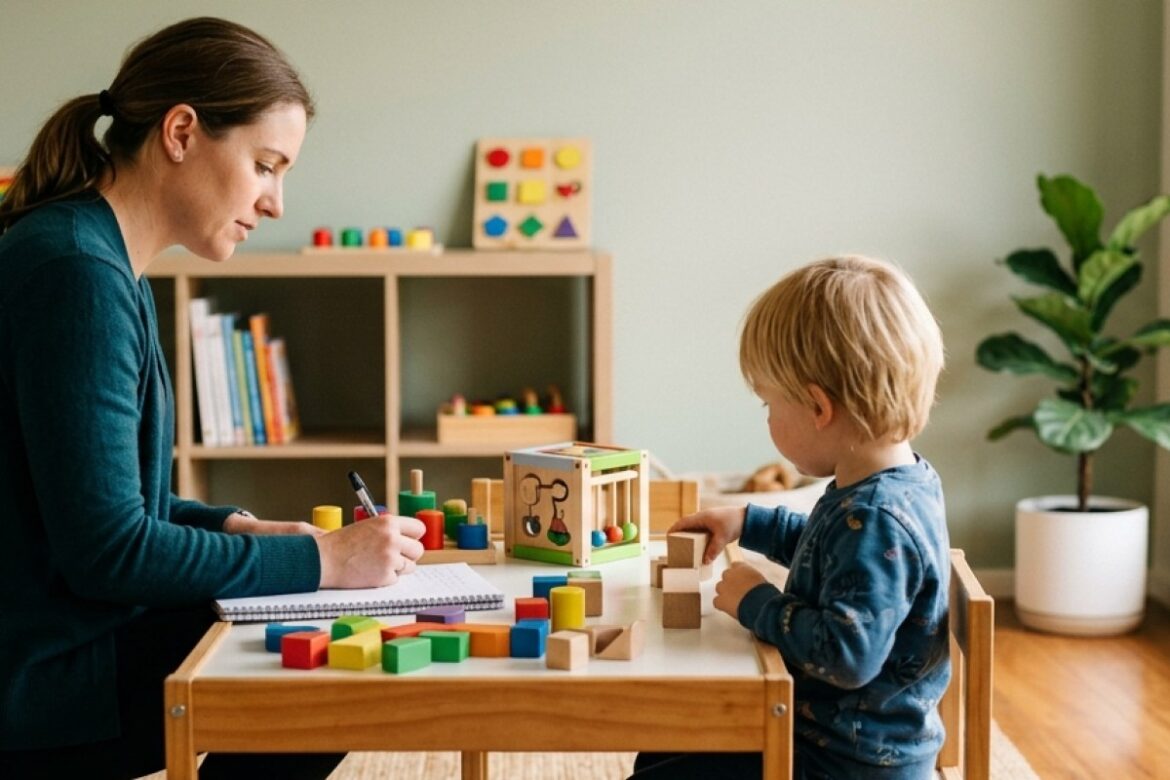 Clinician conducting a play-based ASD assessment Campbelltown session with a young child at a clinic table