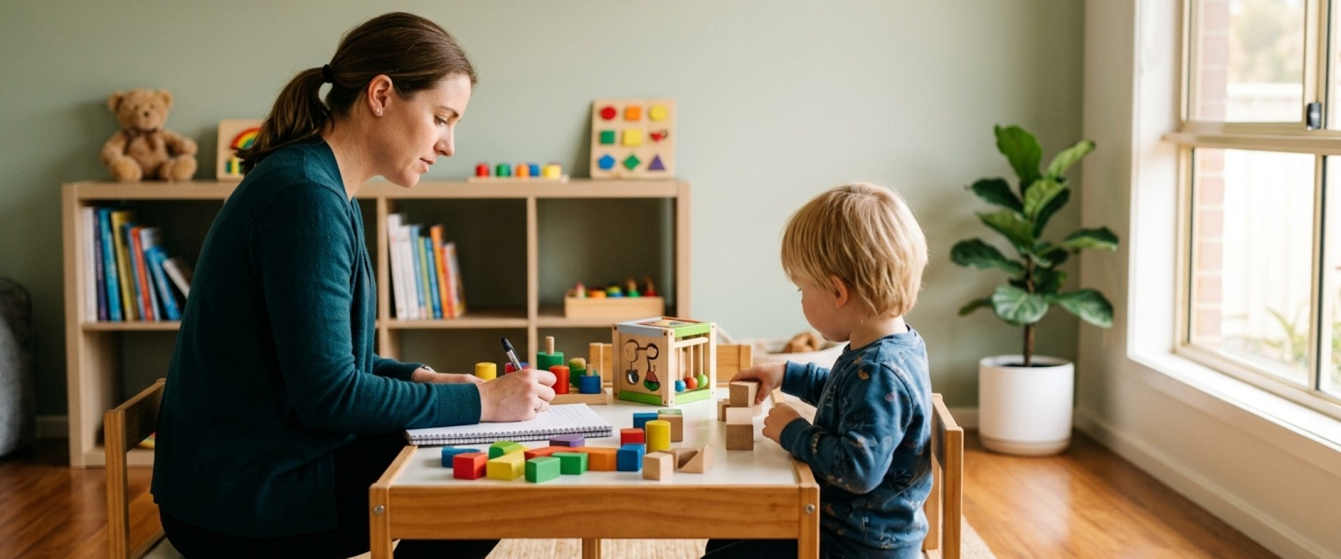 Clinician conducting a play-based ASD assessment Campbelltown session with a young child at a clinic table
