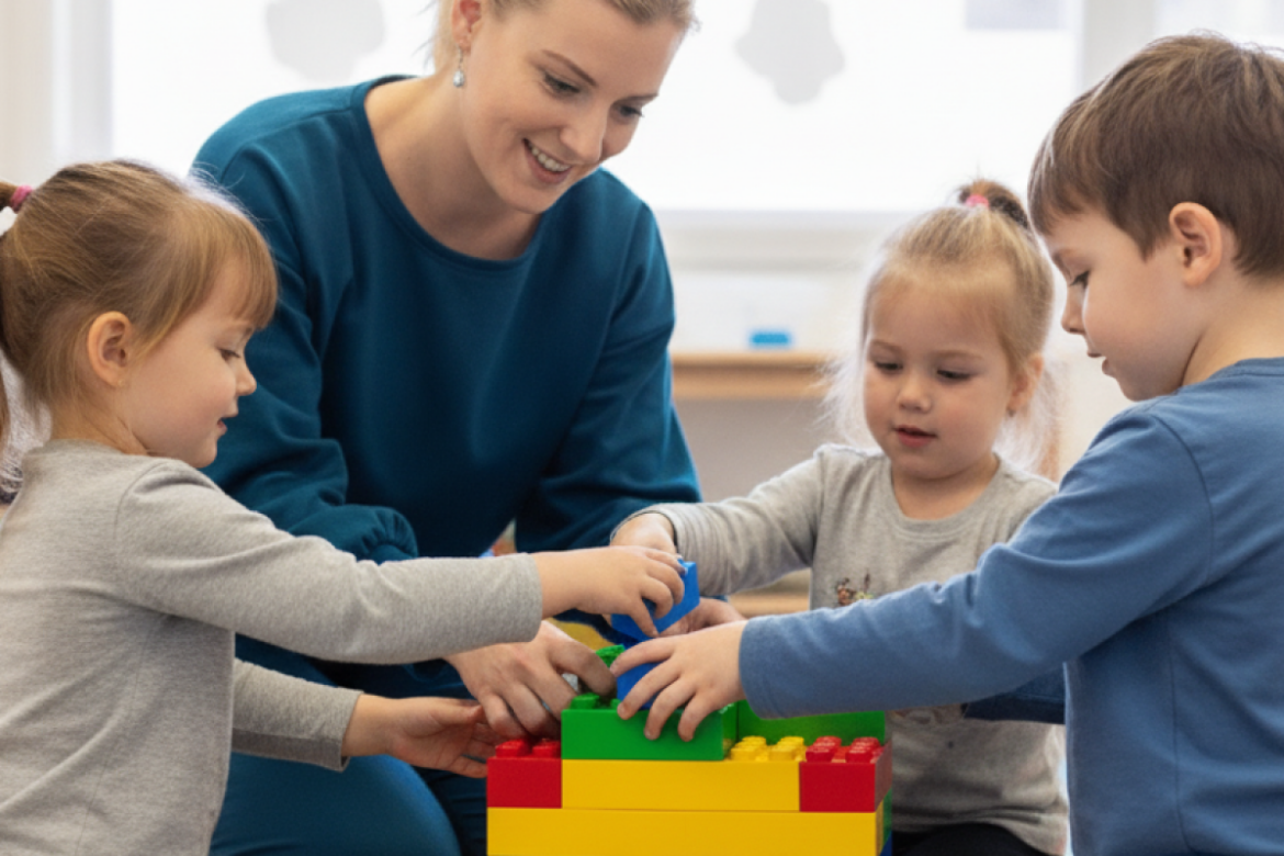 Smiling woman and three young children building with colourful blocks on a playmat during a social skills support session