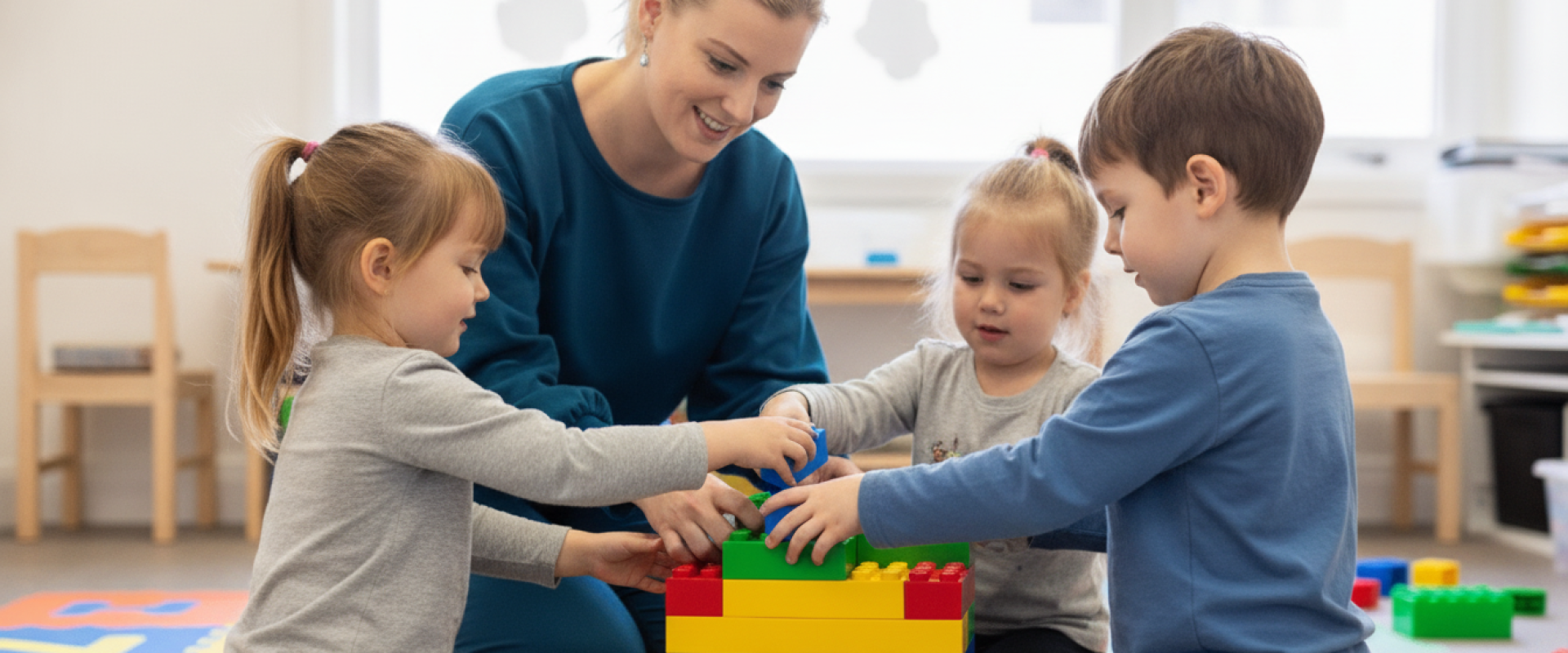 Social Skills Support Through Behaviour Support in Campbelltown Smiling woman and three young children building with colourful blocks on a playmat during a social skills support session